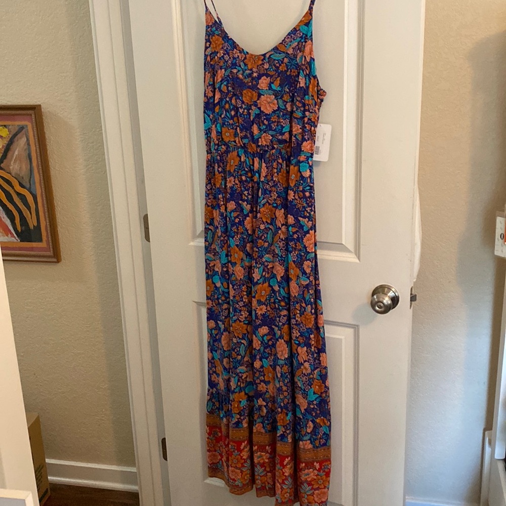 Boutique 4 maxi summer dress, spaghetti strap, floral with border print